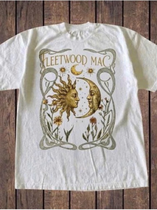 Gildan Other - White Tee with Gold & Green Fleetwood Mac Sun Moon Graphic
